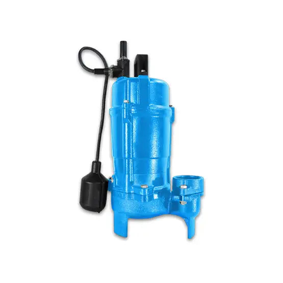 a blue water pump with a hose attached to it